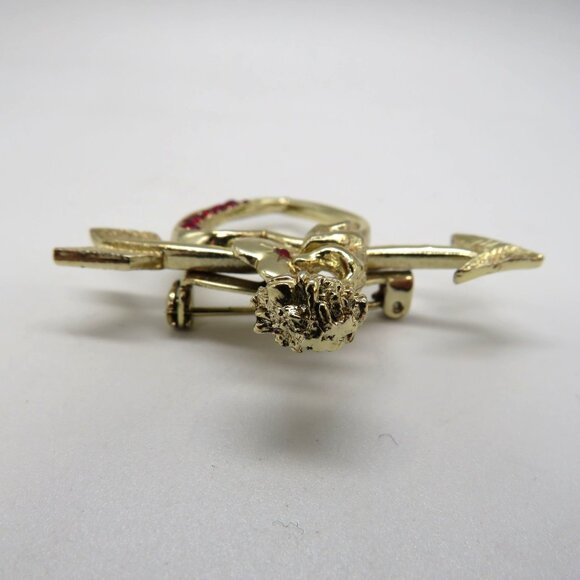 Valentine Brooch Cupid Heart Arrow Gold Tone Pin Red Rhinestones Love - Picture 7 of 12